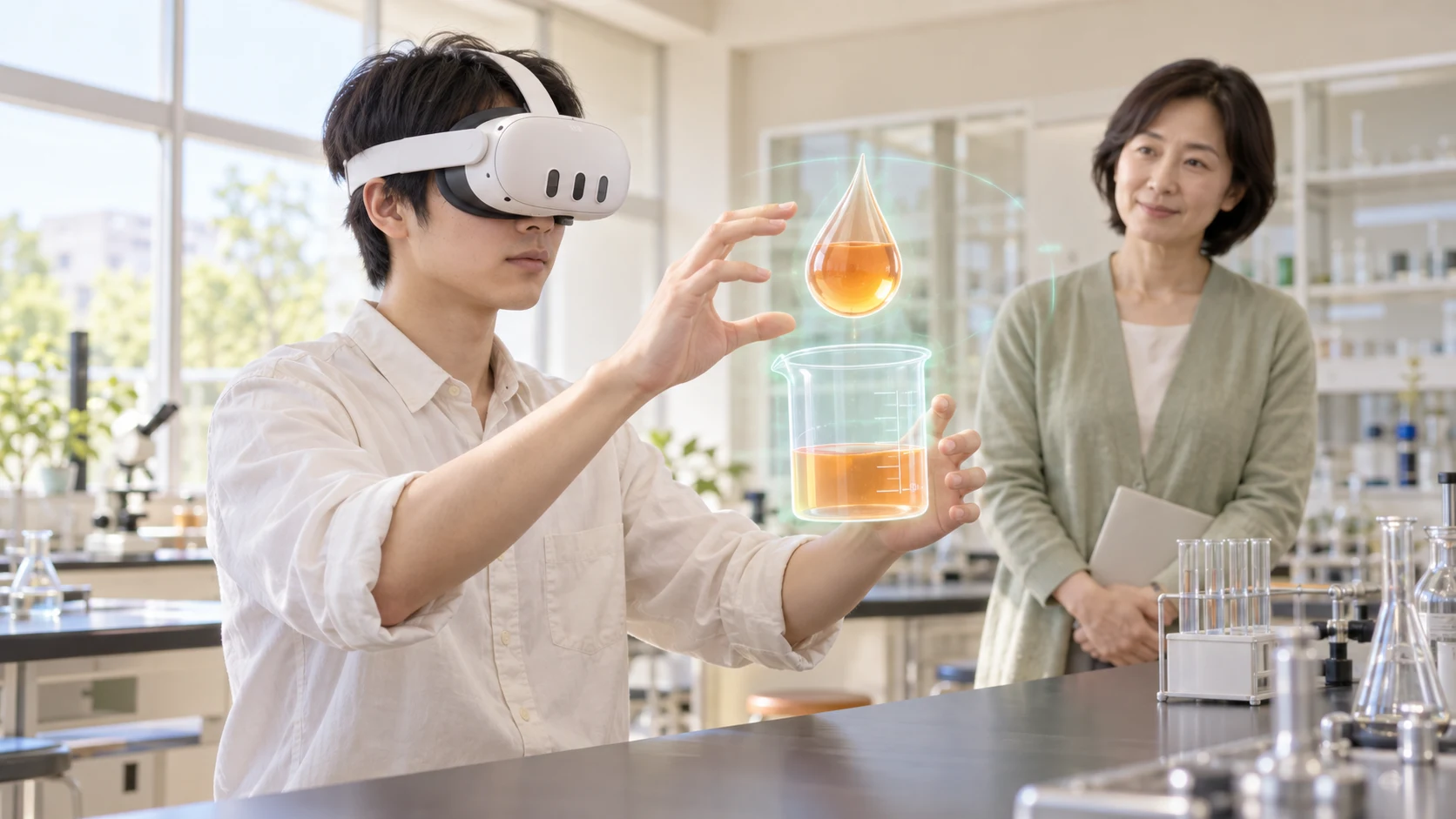 教員が見守る理科室で、仮想のビーカーと液体を手で操作して学ぶ様子